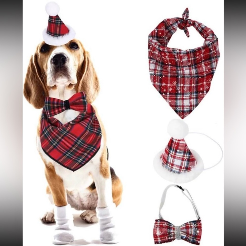 Plaid Red Holiday Dog Bandana and Bow Tie Set